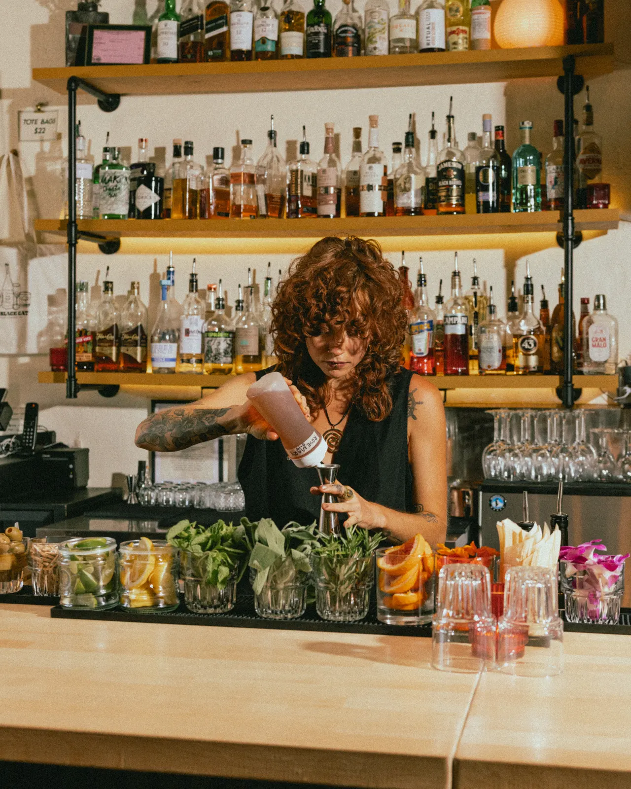 Garnishes lined up mid-build at The Black Cat, Livermore