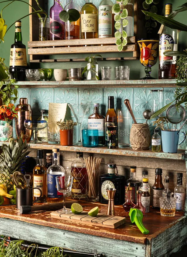 The styled home bar from Caribbean Cocktails, photographed for Ten Speed Press