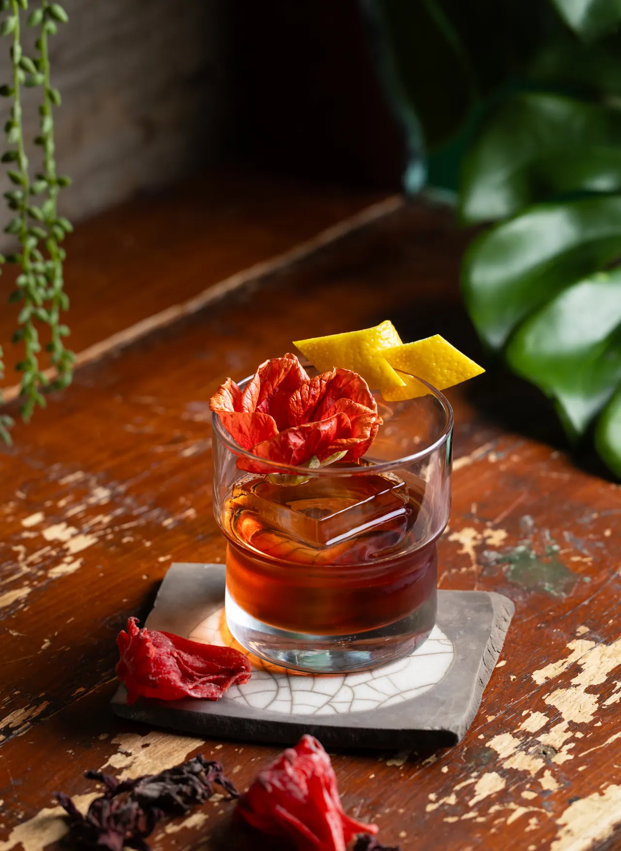 A hibiscus old fashioned from Caribbean Cocktails, for Ten Speed Press
