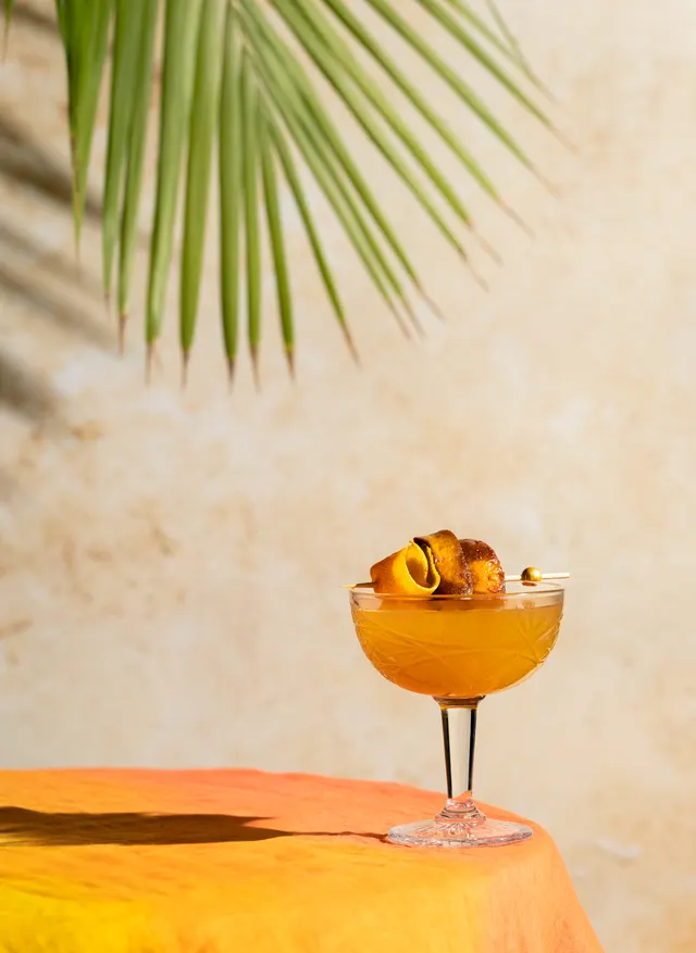 An amber coupe under the palm shadow, from Caribbean Cocktails for Ten Speed Press