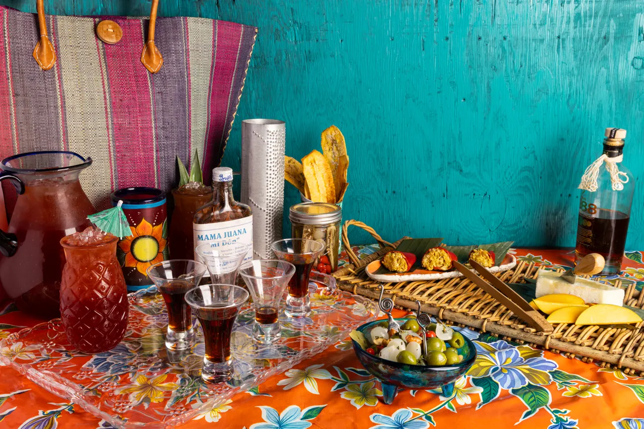 The punch service over oilcloth, from Caribbean Cocktails for Ten Speed Press
