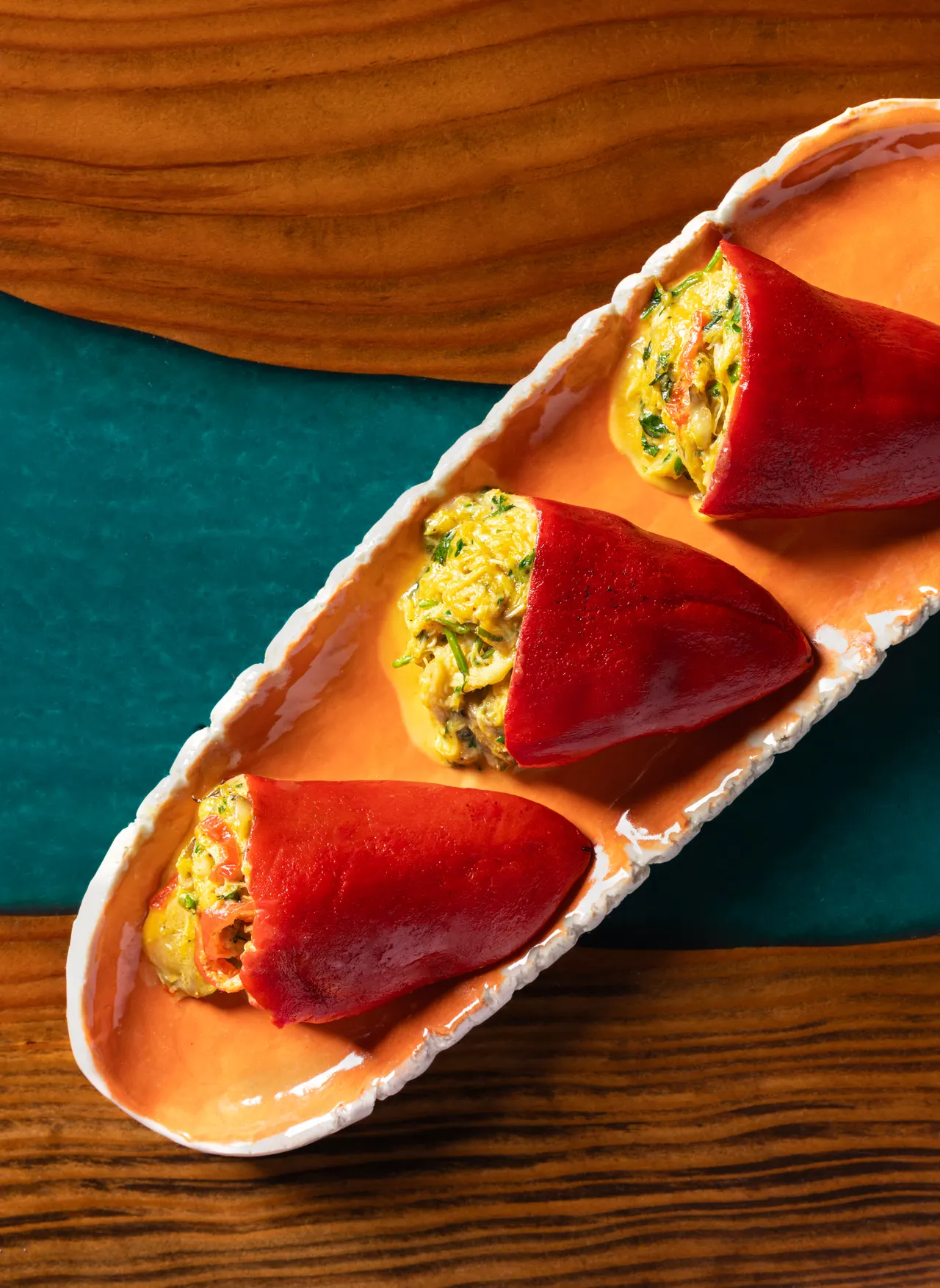 Stuffed peppers styled on teal, from Caribbean Cocktails for Ten Speed Press
