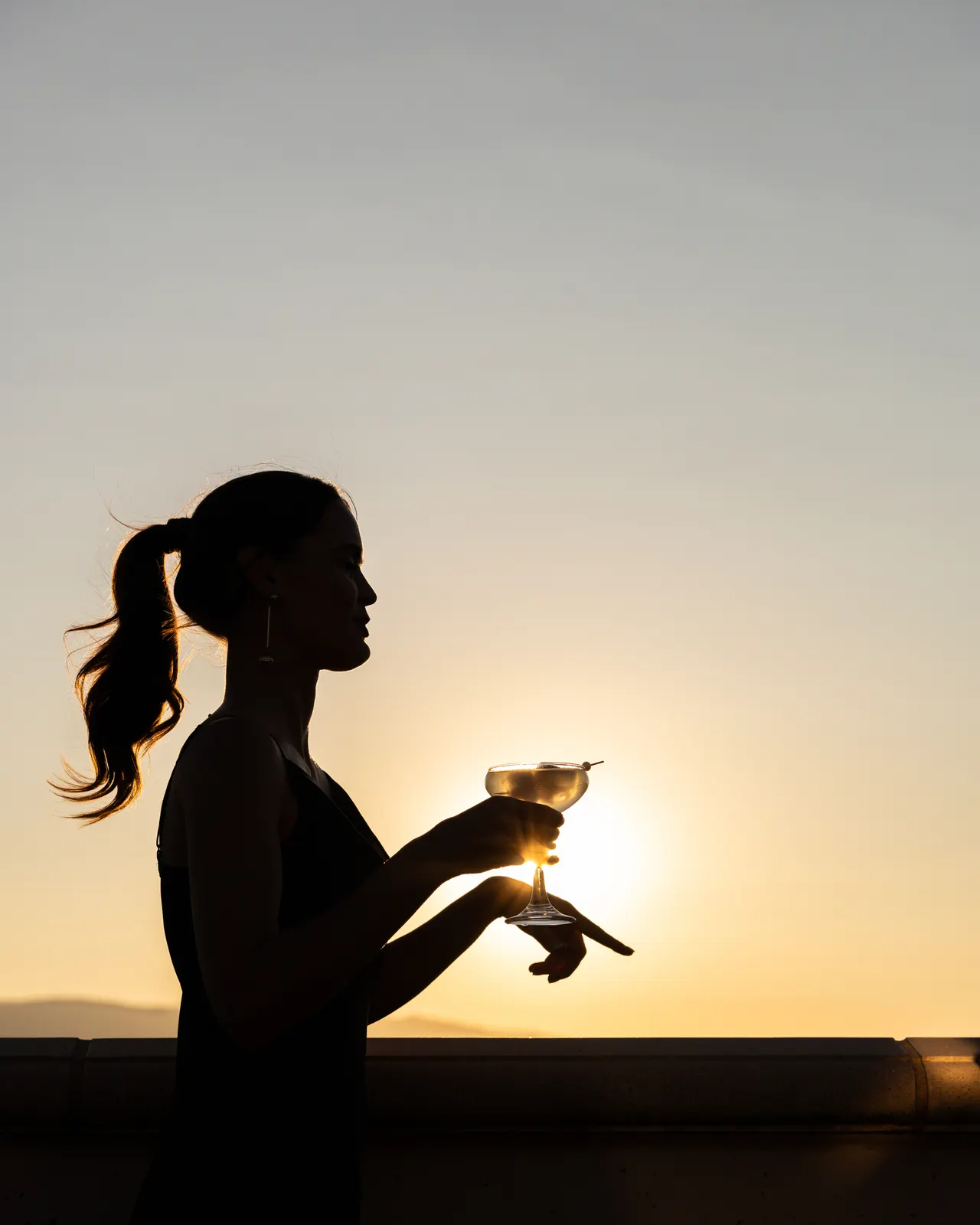A silhouette raising a coupe against the sunset on the rooftop at Hotel Valencia, Santana Row, San Jose