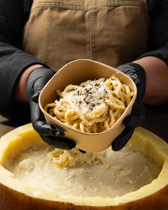 Fresh pasta served from the parmesan wheel at Il Parco, the Presidio, San Francisco