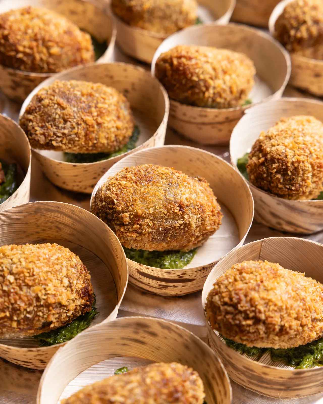 Croquette bowls lined for catering service, for La Marcha, Berkeley