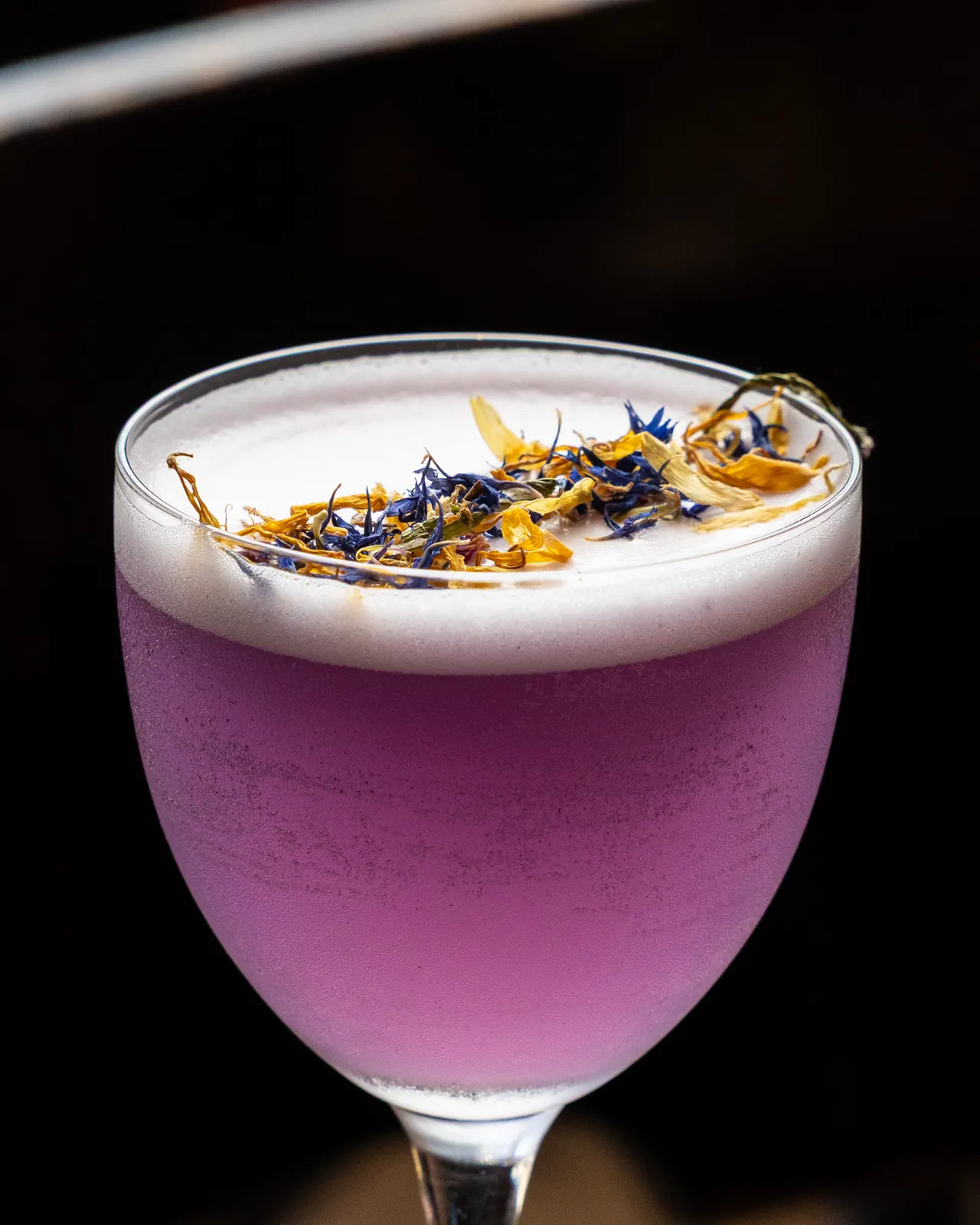 A violet gin sour crowned with cornflowers at La Marcha, Berkeley