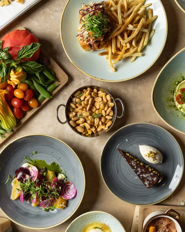 Blue stoneware, torta, and sides from above at Massimo Ristorante, Walnut Creek