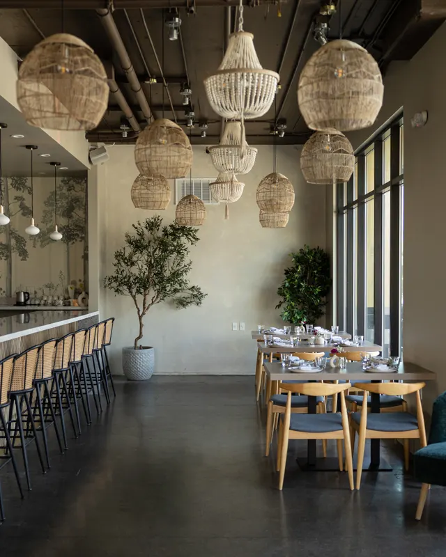Wicker pendants over the dining room at Noor Fusion Kitchen, Berkeley