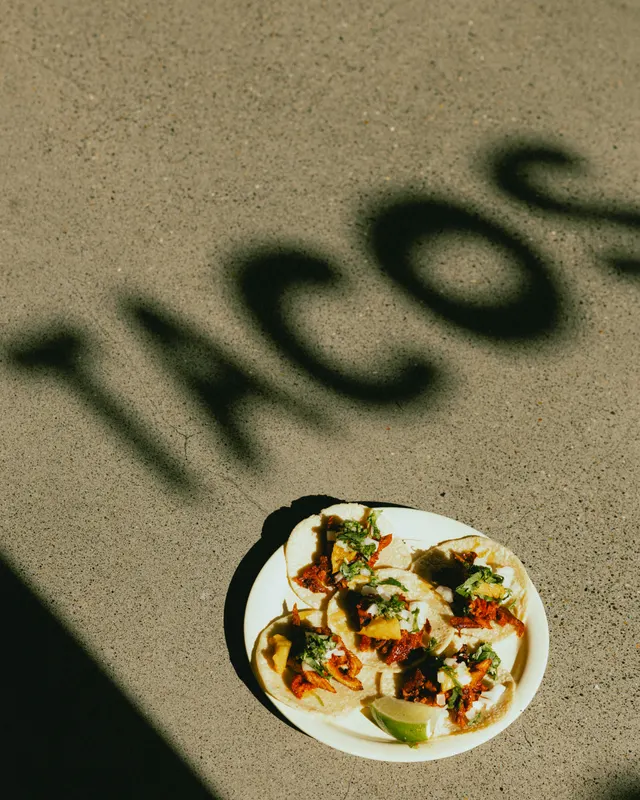 Tostadas under the taqueria's stencil shadow at Parranga, Santana Row, San Jose