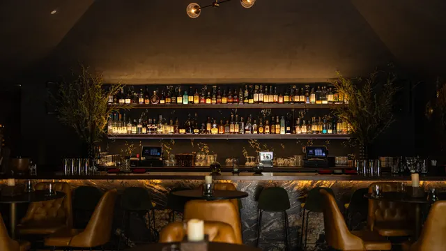 The back bar glowing at Suspiro speakeasy, Santana Row, San Jose