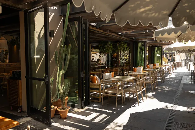 The covered terrace set for service at Zazil, Santana Row, San Jose